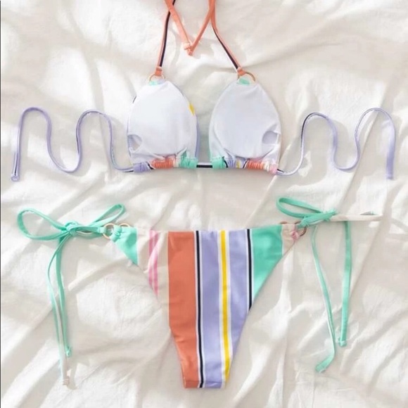 Multicolor Striped Halter Gold Circle Bikini - Picture 6 of 6